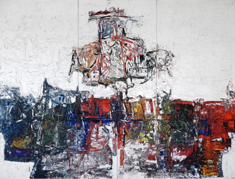 Jean Paul Riopelle, Point de rencontre – Quintette, oil on canvas,  428 x 564 cm, polyptych 5 panels (1963) © Estate of Jean Paul Riopelle / Copyright Visuals Arts – CARCC (2023)