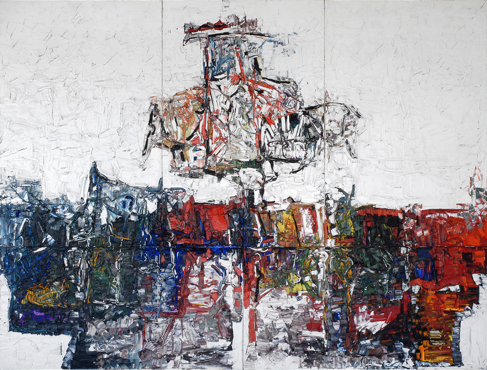 Jean Paul Riopelle, Point de rencontre &#8211; Quintette, huile sur toile, 428 x 564 cm, polyptique 5 panneaux (1963) © Succession Jean Paul Riopelle / Droits d’auteur arts visuels &#8211; CARCC (2023)
