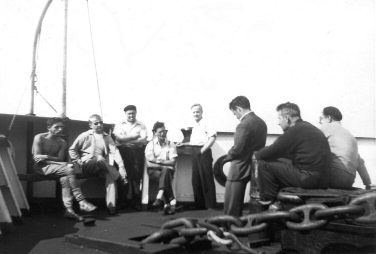 Riopelle, left, embarks as a groom on his first trip to France, 1946. © Centre de documentation et archives Riopelle.
