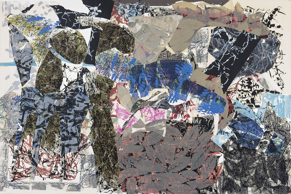 Jean Paul Riopelle, Corbeaux aux mélèzes, litho-collage marouflé sur toile, 130 x 195 cm (1967) © Succession Jean Paul Riopelle / Droits d’auteur arts visuels – CARCC (2023)
