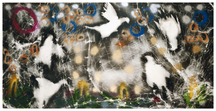 Jean Paul Riopelle, Matinée au Cap Tourmente — Les faisans dans la volière, technique mixte sur bois, recto, 122 x 244 cm (1990) © Succession Jean Paul Riopelle / Droits d’auteur arts visuels &#8211; CARCC (2023) 
