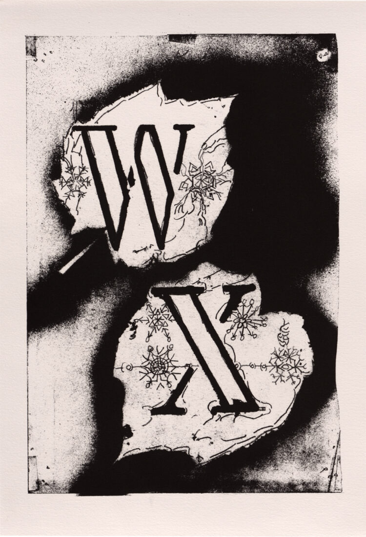 Jean Paul Riopelle, Planche W-X, série de lettrines enluminées L&#8217;Alphabet de Thulé, projet en lithographie, 44 x 31 cm / (1979) © Succession Jean Paul Riopelle / Droits d’auteur arts visuels &#8211; CARCC (2023)
