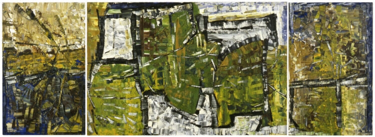 Jean Paul Riopelle, Au pays de l’Héliante, oil on canvas, 81 x 355 cm, triptych (1974 © Estate of Jean Paul Riopelle / Copyright Visuals Arts – CARCC (2023)