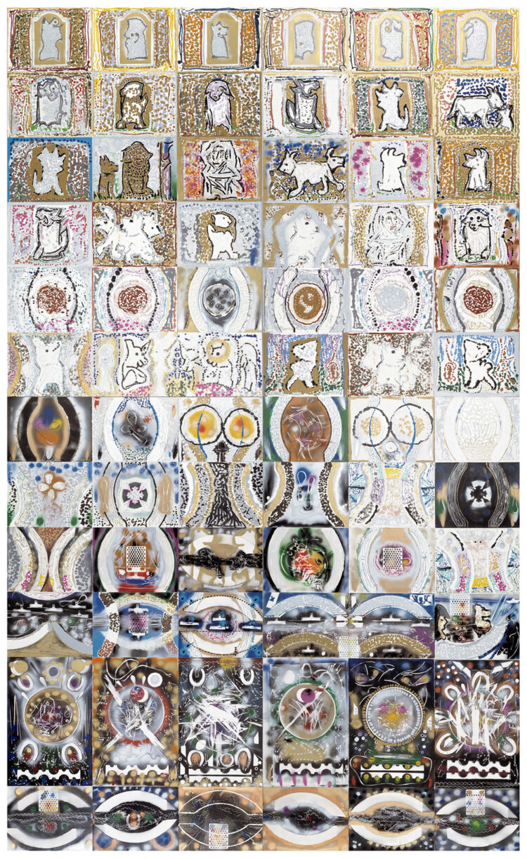 Jean Paul Riopelle, Bestiaire, acrylique, peinture en aérosol et collage sur papier marouflé sur toile, 655 x 400 cm (1989) © Succession Jean Paul Riopelle / Droits d’auteur arts visuels &#8211; CARCC (2023) 
