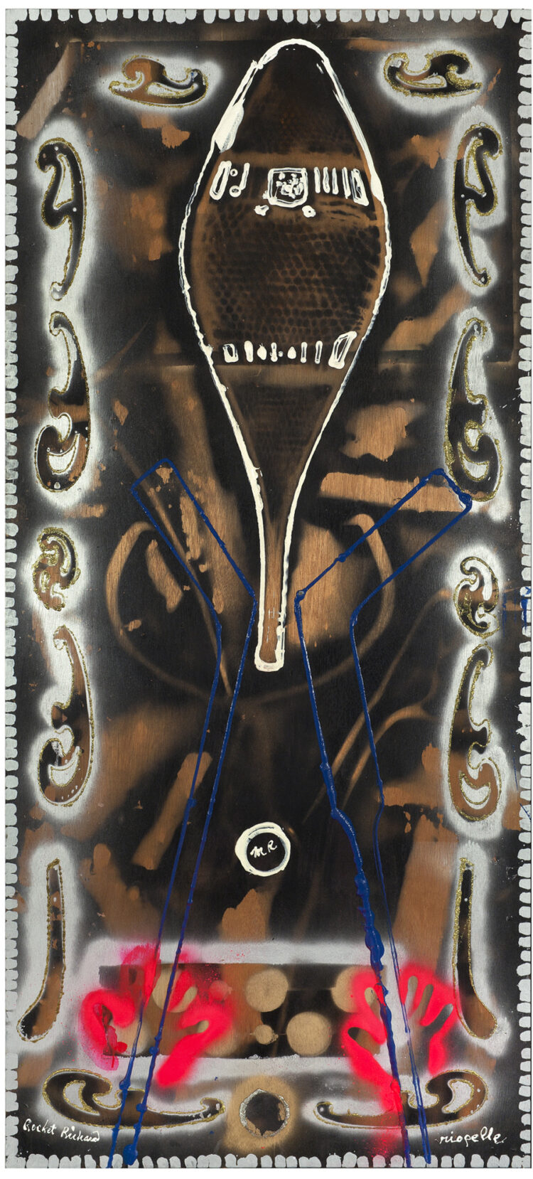 Jean Paul Riopelle, Hommage à Duchamp (Hommage à Maurice Richard), technique mixte sur bois, recto-verso, 203,2 x 91,4 cm (1990) © Succession Jean Paul Riopelle / Droits d’auteur arts visuels &#8211; CARCC (2023)
