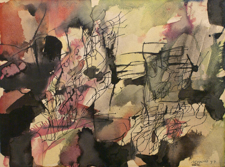 Jean Paul Riopelle, Jardin nocturne, watercolor and ink on paper, 21 x 26,5 cm (1947) © Estate of Jean Paul Riopelle / Copyright Visuals Arts – CARCC (2023)