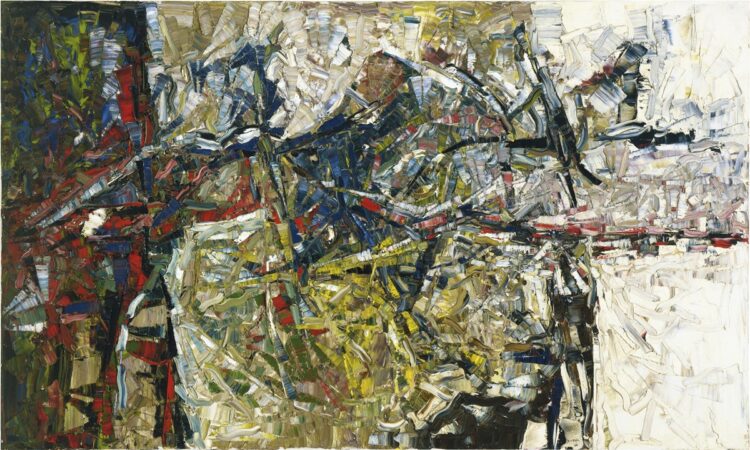 Jean Paul Riopelle, L’Étang, oil on canvas, 147,5 x 246,3 cm (1966) © Estate of Jean Paul Riopelle / Copyright Visuals Arts – CARCC (2023)