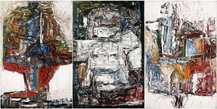 Jean Paul Riopelle, L’Arbre, Toto et la Dame de carreau, oil on canvas, 195,6 x 129,5 cm x 3, triptych (1962) © Estate of Jean Paul Riopelle / Copyright Visuals Arts – CARCC (2023)