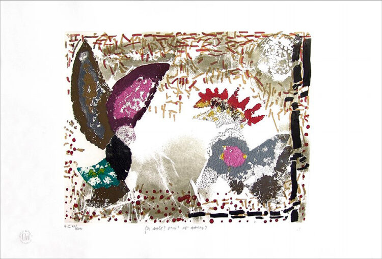 Jean Paul Riopelle, Le Cirque, Ça vole ? Oui et vous ?, gravure d&#8217;interprétation en couleurs de la série des Témoins, 1989-1996, 45 x 58,5 cm (1996) © Succession Jean Paul Riopelle / Droits d’auteur arts visuels &#8211; CARCC (2023) 
