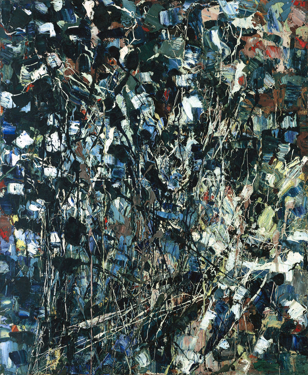 Jean Paul Riopelle, Le Progrès envahi par la forêt, huile sur toile, 72,4 x 59,7 cm (1950) © Succession Jean Paul Riopelle / Droits d’auteur arts visuels – CARCC (2023)