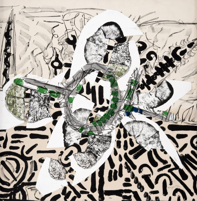 Jean Paul Riopelle, Les Rois de Thulé, cuttings glued on test of a section of Suite Guerrière and collage of  lithographs from Derrière le miroir no 280, 88 x 84,8 cm  (1973) © Estate of Jean Paul Riopelle / Copyright Visuals Arts &#8211; CARCC (2023)
