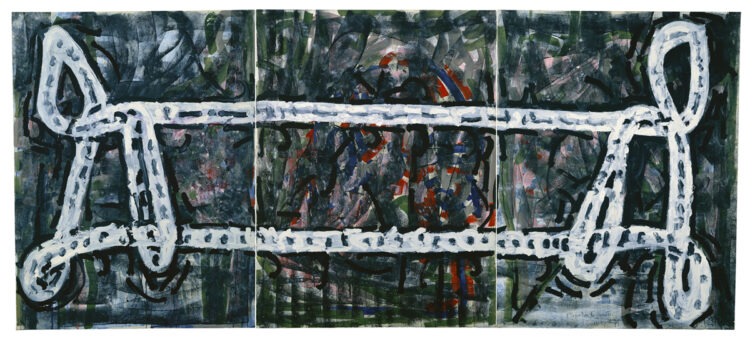 Jean Paul Riopelle, L&#8217;Esprit de la ficelle, acrylique sur lithographies marouflées sur toile, 160 x 360 cm, triptyque (1971) © Succession Jean Paul Riopelle / Droits d’auteur arts visuels &#8211; CARCC (2023)
