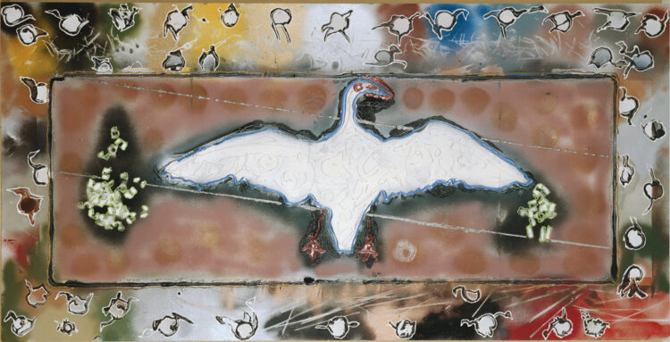 Jean Paul Riopelle, L&#8217;oie hélico, technique mixte sur bois, verso, 122 x 244 cm  (1990) © Succession Jean Paul Riopelle / Droits d’auteur arts visuels &#8211; CARCC (2023)
