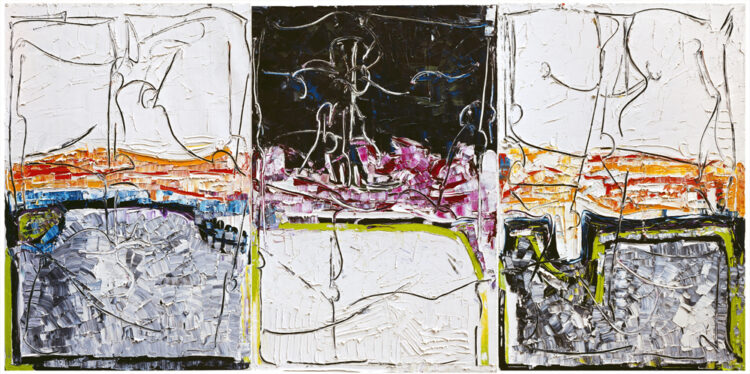 Jean Paul Riopelle, Mitchikanabikong, 195 x 391,5 cm (x3) triptyque  (1975) © Succession Jean Paul Riopelle / Droits d’auteur arts visuels &#8211; CARCC (2023)

