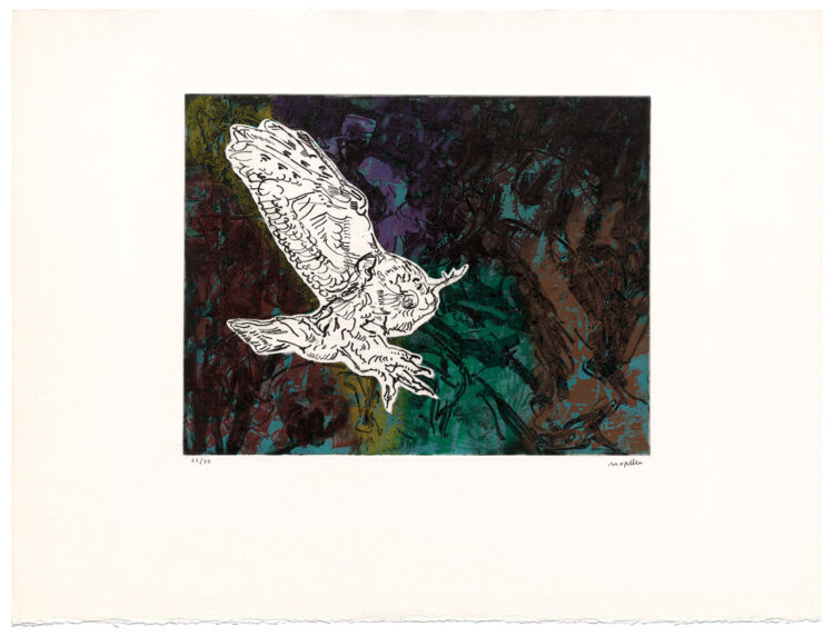 Jean Paul Riopelle, Oiseau de nuit, original etching in colors, 59 x 77,5 cm (paper); 34,5 x 44,8 cm (image) (1968) © Estate of Jean Paul Riopelle / Copyright Visuals Arts – CARCC (2023)