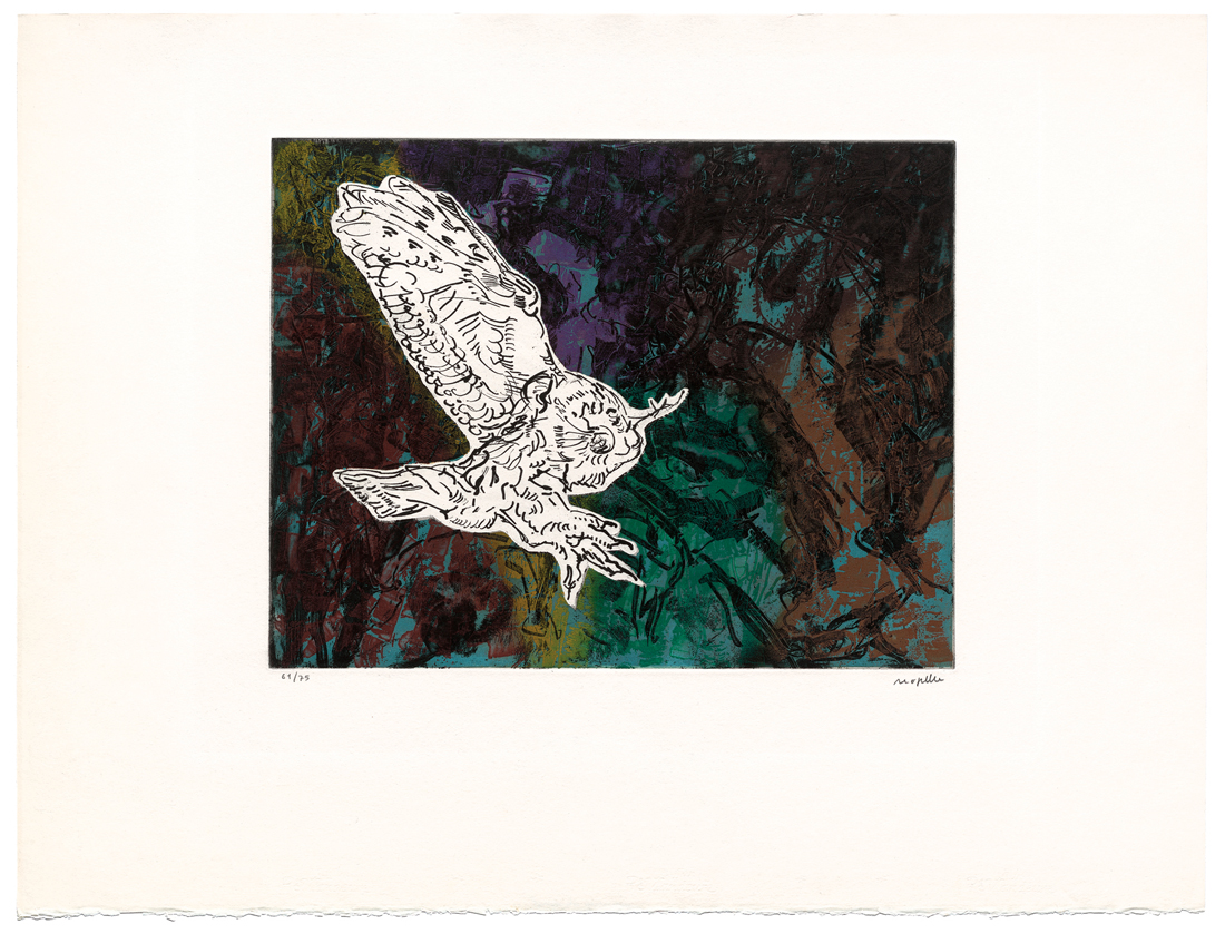Jean Paul Riopelle, Oiseau de nuit, eau-forte originale en couleurs, 59 x 77,5 cm (papier); 34,5 x 44,8 cm (image) (1968) © Succession Jean Paul Riopelle / Droits d’auteur arts visuels – CARCC (2023)
