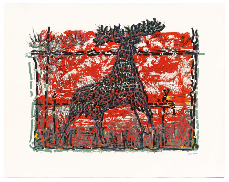 Jean Paul Riopelle, Original rouge, lithographie originale, 60,8 x 80,5 cm  (1981) © Succession Jean Paul Riopelle / Droits d’auteur arts visuels &#8211; CARCC (2023)
