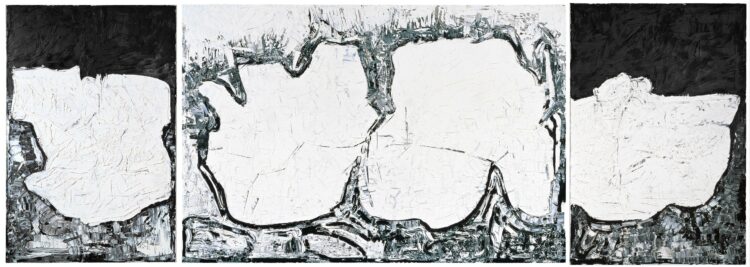 Jean Paul Riopelle, Pangnirtung, huile sur toile, 200 x 560 cm, triptyque (1977) © Succession Jean Paul Riopelle / Droits d’auteur arts visuels &#8211; CARCC (2023)
