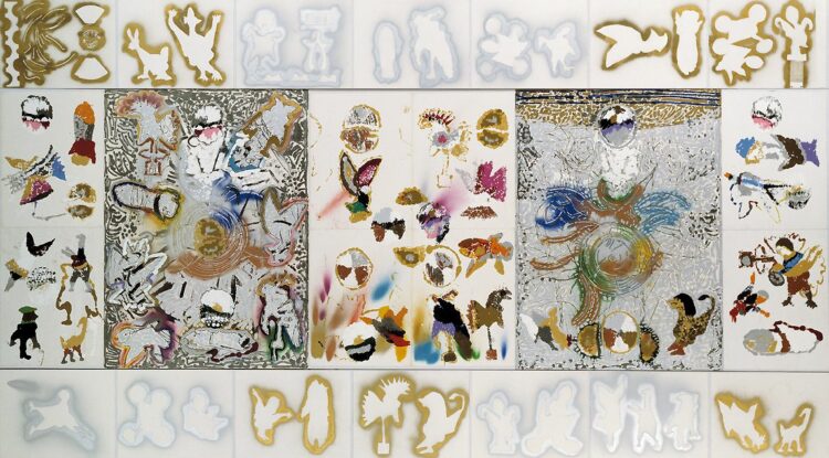 Jean Paul Riopelle, Sans titre, technique mixte sur papier marouflé sur bois, avec 2 lithographies rehaussées de la série Suites 1972, polyptique monté sur 3 panneaux, 262 x 476 cm (1972-1989) © Succession Jean Paul Riopelle / Droits d’auteur arts visuels &#8211; CARCC (2023)
