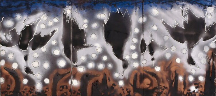 Jean Paul Riopelle, Sans titre, technique mixte sur papier, 75,5 x 170 cm, triptyque (1990) © Succession Jean Paul Riopelle / Droits d’auteur arts visuels &#8211; CARCC (2023)
