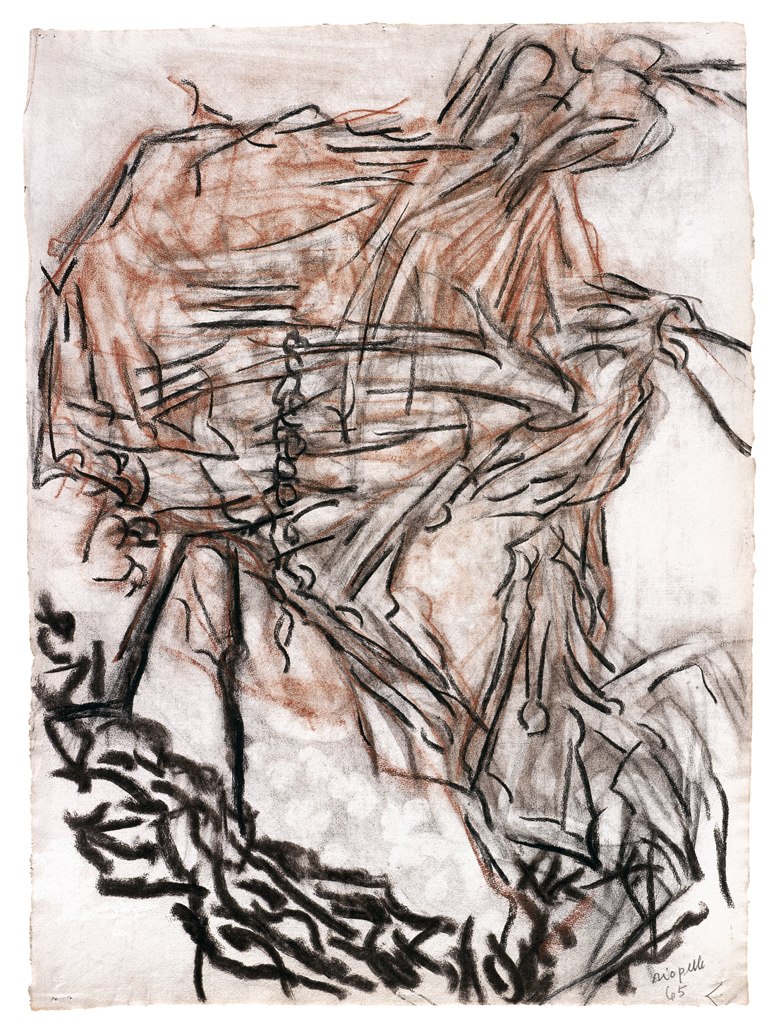 Jean Paul Riopelle, Sans titre, sanguine et fusain sur papier, 74 x 54 cm (1965) © Succession Jean Paul Riopelle / Droits d’auteur arts visuels – CARCC (2023)
