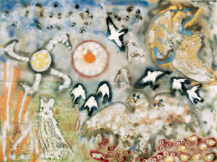 Jean Paul Riopelle, Sans titre (L&#8217;Isle heureuse), technique mixte sur bois, 154,2 x 203,2 cm, polyptyque (1992) © © Succession Jean Paul Riopelle / Droits d’auteur arts visuels &#8211; CARCC (2023)
