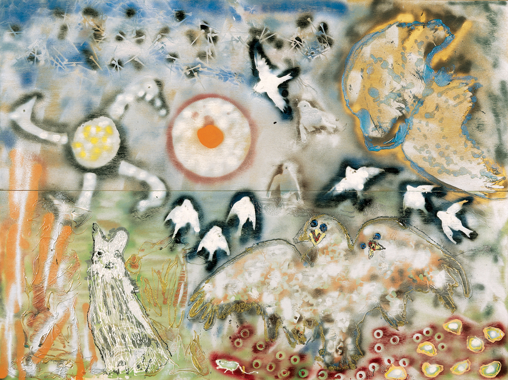 Jean Paul Riopelle, Sans titre (L’Isle heureuse), technique mixte sur bois, 154,2 x 203,2 cm, polyptyque (1992) © © Succession Jean Paul Riopelle / Droits d’auteur arts visuels – CARCC (2023)