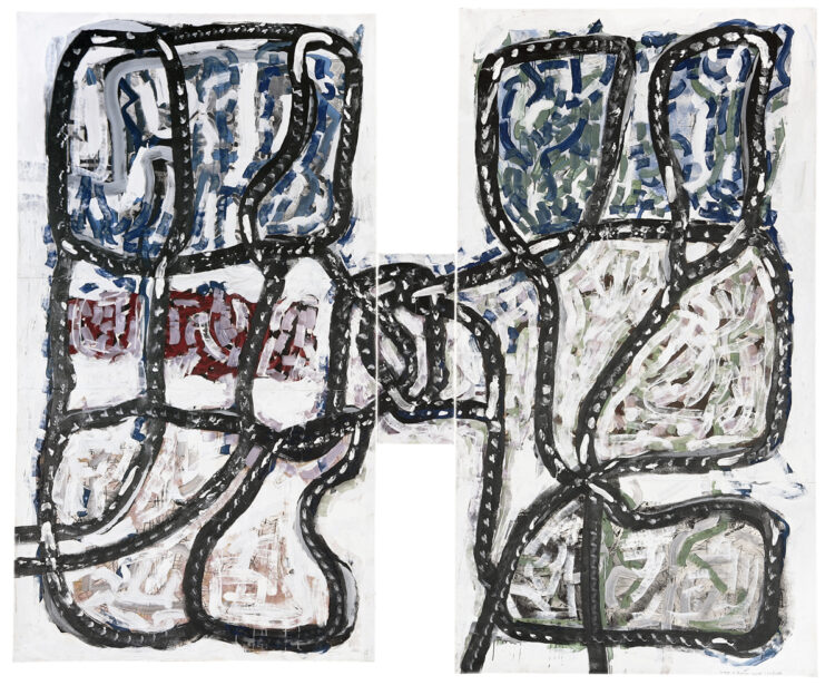 Jean Paul Riopelle, Serge et Gauguin jouant à la ficelle, acrylique sur lithographies marouflées sur toile, 289 x 355 cm, triptyque (1972) © Succession Jean Paul Riopelle / Droits d’auteur arts visuels &#8211; CARCC (2023)
