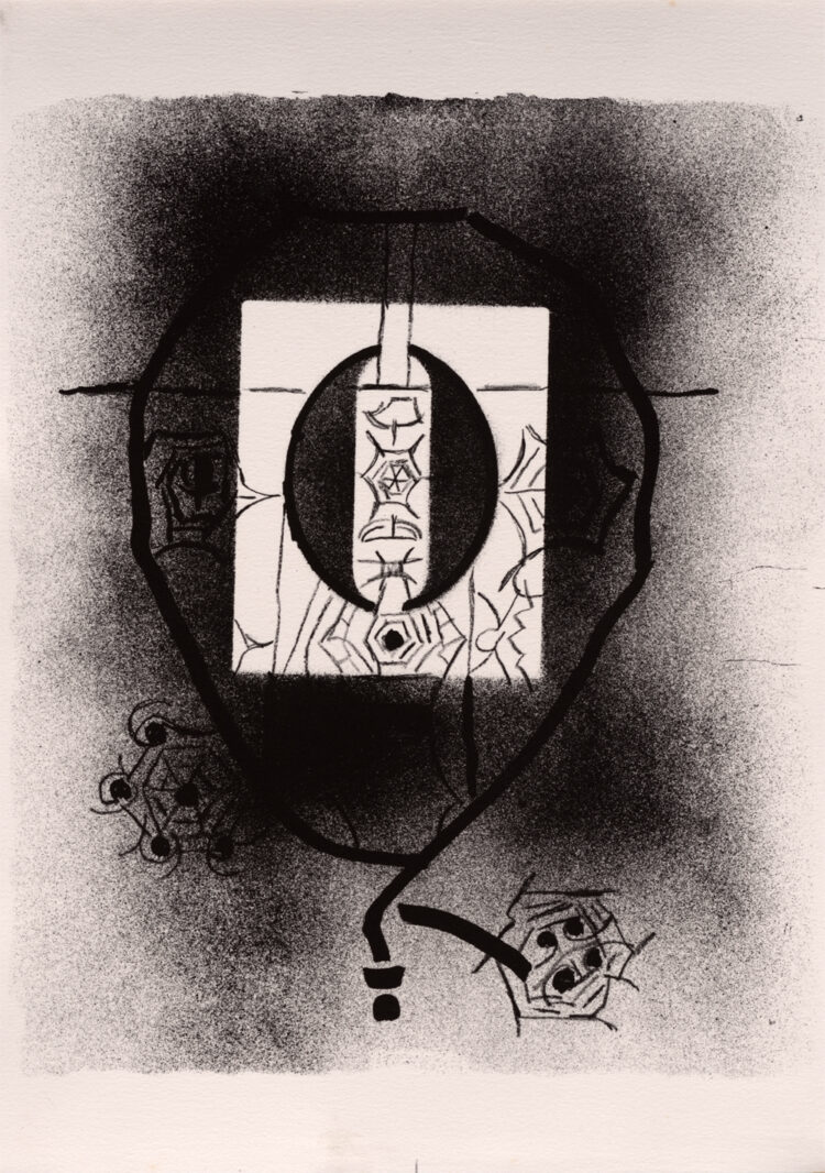 Jean Paul Riopelle, Planche O, série de lettrines enluminées L&#8217;Alphabet de Thulé, projet en lithographie, 44 X 31 cm (1979) © Succession Jean Paul Riopelle / Droits d’auteur arts visuels &#8211; CARCC (2023)
