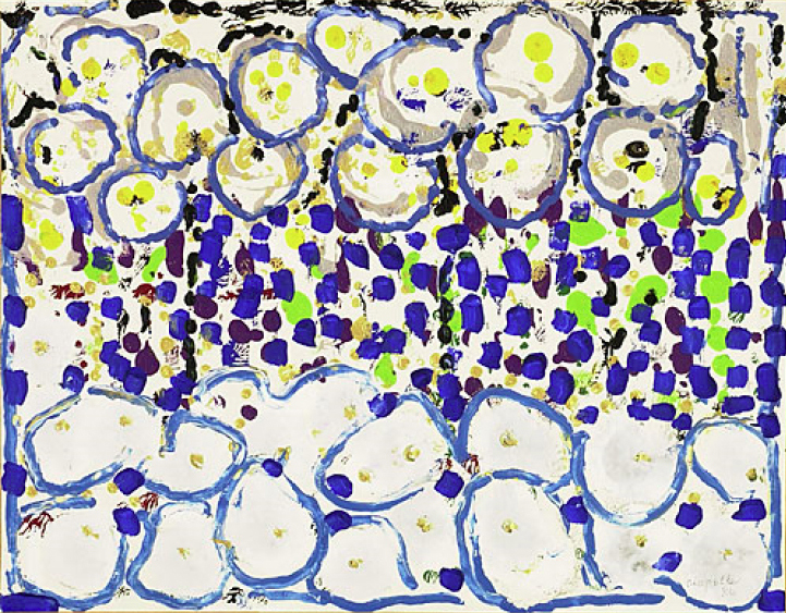 Jean Paul Riopelle, Série des fleurs, technique mixte sur papier marouflé sur toile, 52 x 66 cm (1986) © Succession Jean Paul Riopelle / Droits d’auteur arts visuels &#8211; CARCC (2023)
