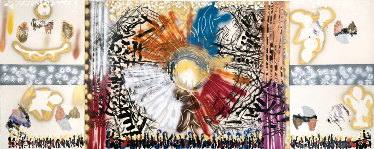 Jean Paul Riopelle, Tout ce qui brille n&#8217;est pas, techniques mixtes sur papier et sur partie de la lithographie, Suite générale 1972, 117 X 292 cm, triptyque (1989) © Succession Jean Paul Riopelle / Droits d’auteur arts visuels &#8211; CARCC (2023)
