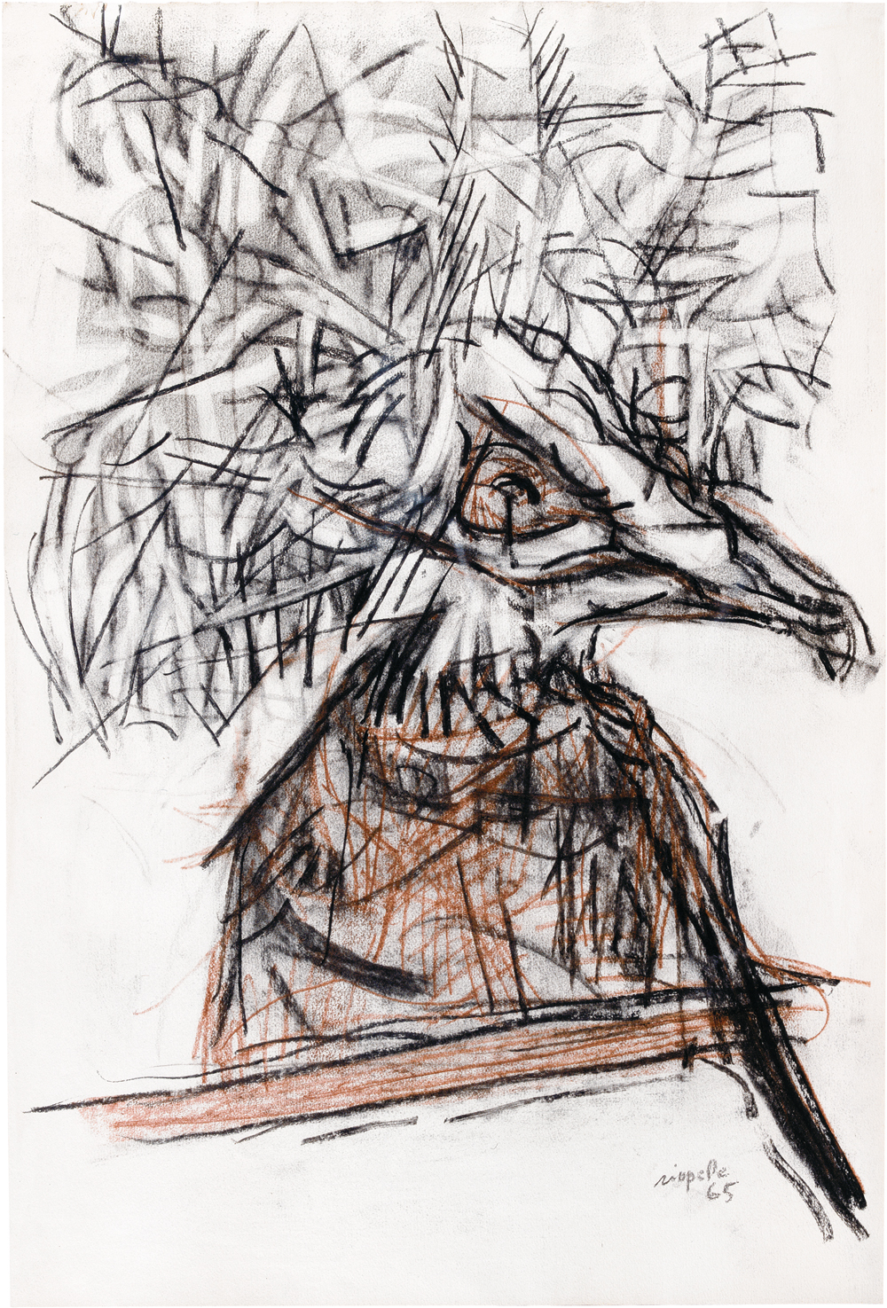 Jean Paul Riopelle, Caribou, charcoal and red chalk on paper, 91 x 61.5 cm (1965) © Estate of Jean Paul Riopelle / Copyright Visuals Arts – CARCC (2023)